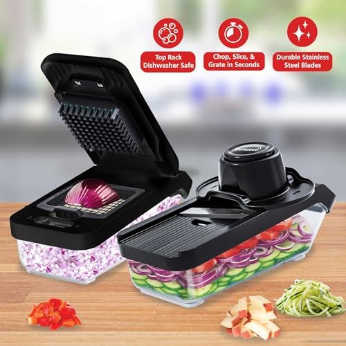 Brentwood All-in-One Food & Vegetable Chopper, Mandoline Slicer, and Cheese Grater with 4.25-Cup Storage Container and 8 Interchangeable Stainless Steel Blades (Black) - Image 2