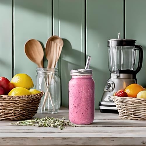 Reusable Freezer Safe Smoothie Cups with Lids and Straws - Mason Drinking Jar (2- 24oz)
