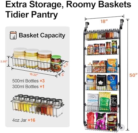 Over the Door Pantry Organizer, 6-Tier Metal Pantry Door Organization and Storage, Hanging Kitchen Basket Spice Rack Seasoning Shelves, Cabinet Door Organizer for Easy Install,D5xW18xH50inch