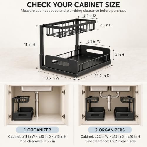 Under Sink Organizer, 2-Tier Pull-Out Metal Drawer, 2 Pack