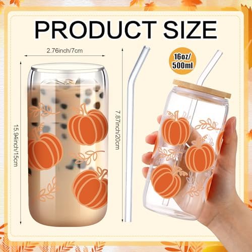 6 Pcs Fall Glass Cups, 16 oz with Lids and Straws