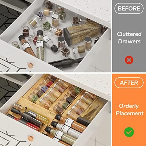 Bamboo Spice Drawer Organizer with Non-slip Mat,4 Tier - 2 Set Jar Spice Rack Tray From 12''to 24'',Hold up 48 Jars Seasoning Organizer for Kitchen,Cabinet,Drawers,Countertop