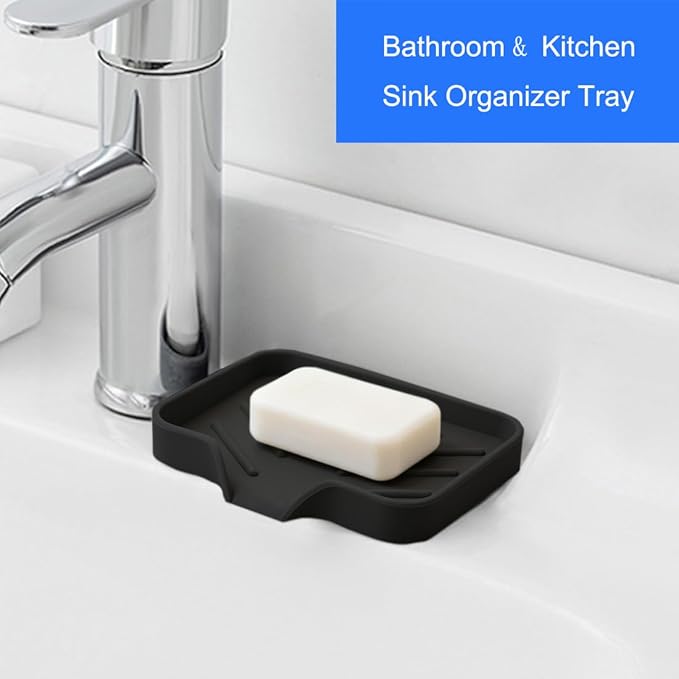 Sponge Holder with Drain Spout, Silicone Sponge Tray for Kitchen Sink, Rubber Soap Dish for Shower Bathroom (Black, 4.7" x 3.6")