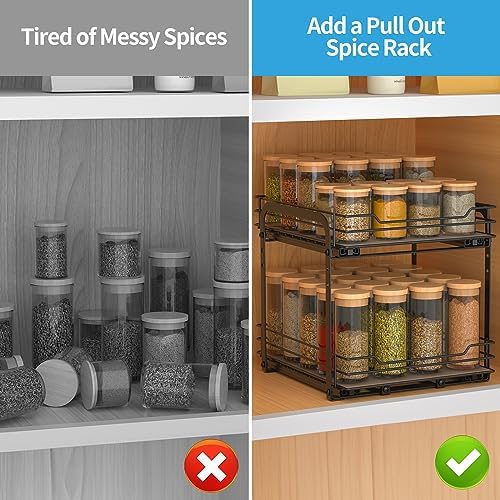 2-Tier Spice Rack, Pull Out Cabinet Organizer Spice Racks Height Adjustable Heavy Duty Metal Basket for Inside Cabinets & Pantry Closet(9.5''Wx10.5''Dx9.5''H)