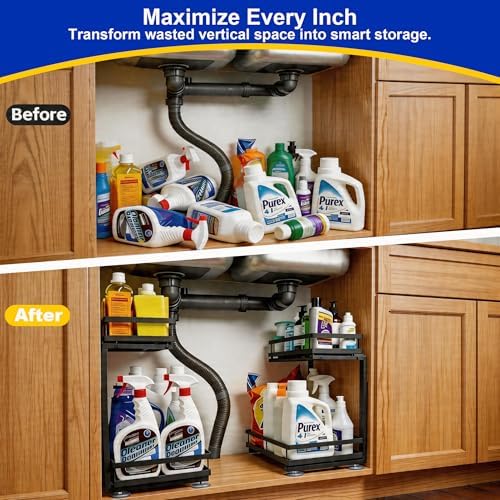 2-Tier Metal L-Shaped Pull-Out Under Sink Organizer, Black, 1 Pack