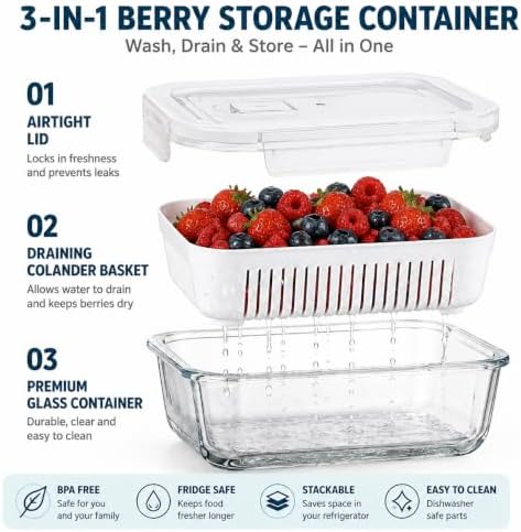 2 Pack 56oz Glass Berry Container for Fridge,with Removable Colander and Vent Valve, Fresh ProduceStorage Set（White）