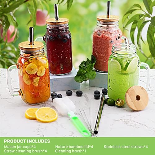 4 Pack 24 OZ Mason Jar Cups with Handle,Reusable Mason Jar Drinking Glasses,Mason Jars Mugs with Bamboo Lids and Stainless Steel Straws,Regular Mouth Glass for Iced Coffee Large Pearl Juices