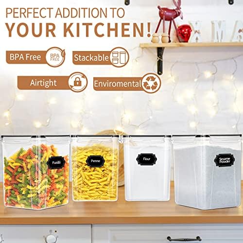 Large Airtight Food Storage Containers 5.2L / 195oz, 4pcs Pantry Kitchen Organizers and Storage for Flour, Sugar, Baking Supplies, BPA Free, Plastic Flour Containers with 20 Labels & Maker