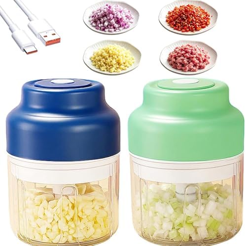 Mini Electric Garlic Chopper & Mini Portable Veggie Chopper, Household Electric Garlic Crusher, 6 Blades Electric Food Chopper for Garlic, Onion, Ginger, Chili, Spices and Fruit (Blue+Green) by Unknown