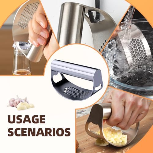 Stainless Steel Garlic Press, 2026 Upgraded Garlic Press Stainless Steel, Garlic Press Rocker, Portable Manual Garlic Crusher, Stainless Steels Garlic Mincer tool with Peeler and Brush (1 Set)