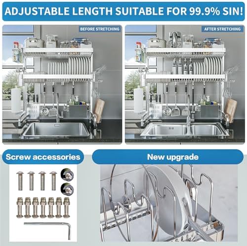 Over The Sink Dish Drying Rack,3 Tier Adjustable Length Full Stainless Steel Large Storage Kitchen Dish Rack,for Kitchen Counter Expandable Multifunctional Organizers,Silver (25.98-37.6")
