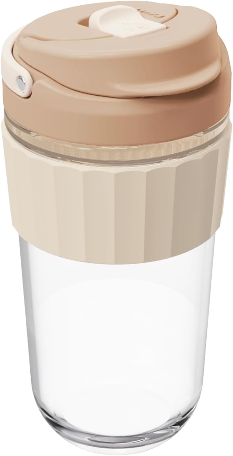Leak-proof Glass Coffee Mug with Lid Lock, 17 oz Reusable Coffee Cup with Handle, BPA-free, Microwave and Dishwasher Safe (Milk Chocolate)