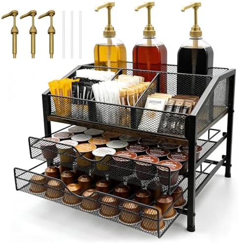 Coffee Bar Organizer with 3 Syrup Pumps, 3-Tier Coffee Station Organizer for Countertop, Rustic Wood & Metal Holder for K Cup, Storage for Coffee Pods, Syrup Bottles, Tea Bags, Cups & Stirrer