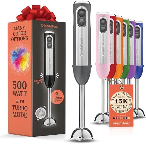 Powerful Immersion Blender, Electric Hand Blender 500 Watt with Turbo Mode, Detachable Base. Handheld Kitchen Blender Stick for Soup, Smoothie, Puree, Baby Food, 304 Stainless Steel Blades (Grey) by PeachStreet