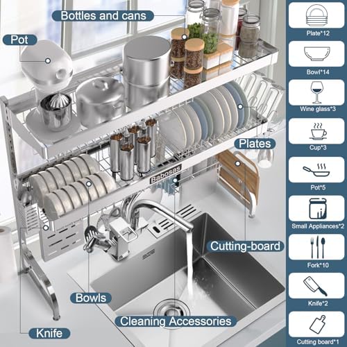 Over The Sink Dish Drying Rack,3 Tier Adjustable Length (25.5'' to 37.4'') Full Stainless Steel Large Storage Kitchen Dish Rack,For Kitchen Counter Expandable Multifunctional Organizers,Silver