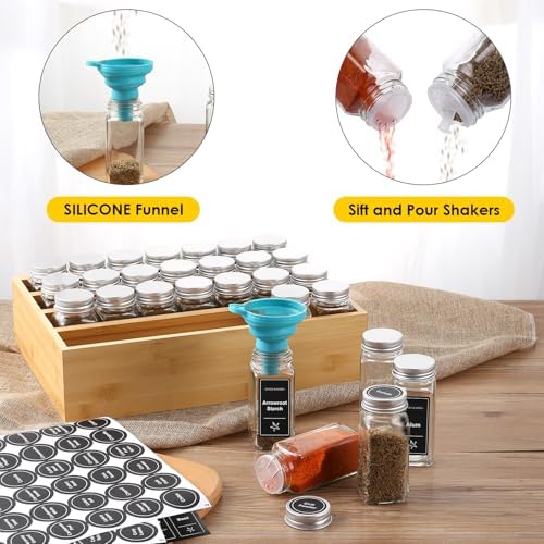 Bamboo Spice Rack Organizer With 28 Glass Spice Jars 4 oz, for Countertop