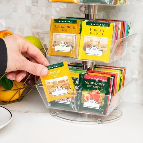 Tea Bag Carousel, 3 Tier Clear Acrylic Organizer with 12 Compartments, 360° Rotating Tea Station for Countertop Storage