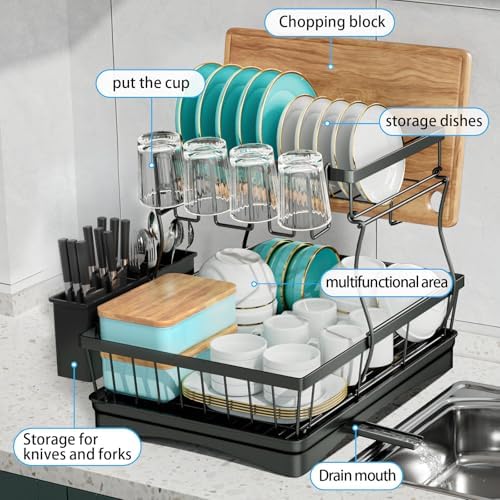 2-Tier Large Dish Drying Rack for Kitchen Counter, Black