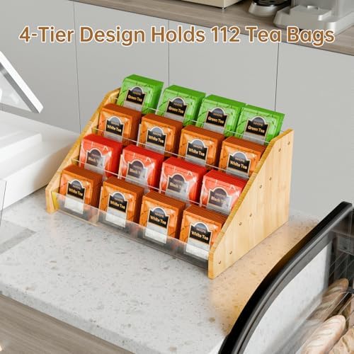 4 Layer Tea Bag Organizer, Bamboo & Plastic Tea Storage Holder