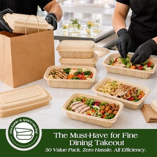 100 Piece (50 Pack) Meal Prep Containers with Lids, 28 oz Cornstarch Food Storage Containers Plant-based Lunch Box for Salad,BPA Free Plastic Take Out Containers Microwave and Freezer Safe
