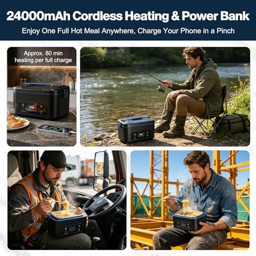 Heated Lunch Box, Electric Lunch Box for Adults, Lunch Box Battery Powered with Automatic Heating, 5.5 Cups Portable Leakproof Lunch Box for Men, Food Warmer Suitable For Trucks Offices