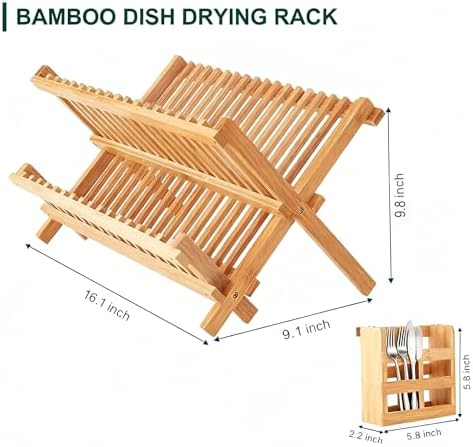 Dish Drying Rack Collapsible 2-Tier Bamboo Dish Rack for Kitchen Counter Wooden Dish Drainer with Foldable Space-Saving Design for Dishes, Plates, and Cups