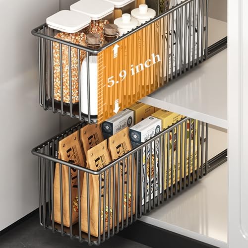 Pull Out Cabinet Organizers 2 Pack, Black Metal Storage Basket