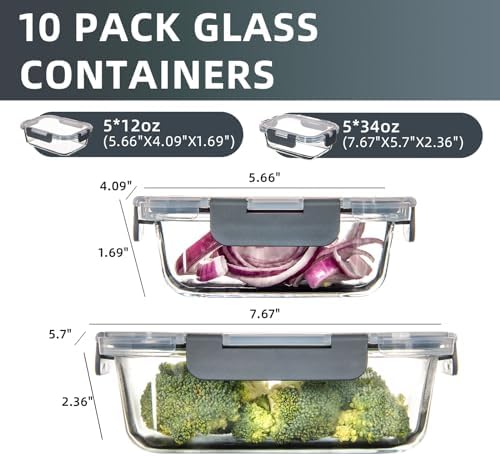 10 Pack Glass Food Storage Containers with Lids for Lunch, On-the-Go, Leftovers, Pantry Organization
