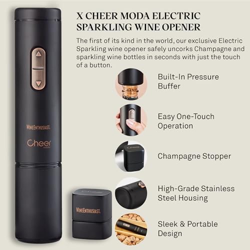 X Cheer Moda Electric Sparkling Wine Opener – Automatic Champagne Bottle Opener with Cork Release & Stopper – Stainless Steel Electric Wine Tool – Battery Powered – U.S. Exclusive