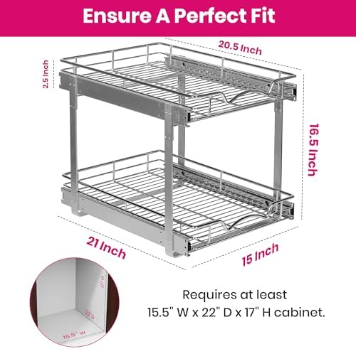 2-Tier Pull-Out Cabinet Organizer for Kitchen, 15" W x 21”D x 16.5" H