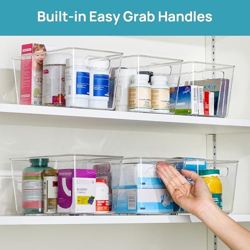 6 Pack Clear Storage Bins, Pantry Cabinet Organizer Bins, Medium