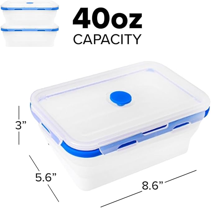 ECOBERI Collapsible Food Storage Containers, Silicone Large 2 Piece 40 oz Set, BPA-Free Meal Prep and Leftover Containers with Airtight Lids, Space-Saving, Freezer Safe