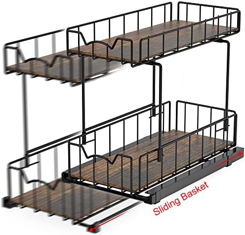 2-Tier Spice Rack Slide Out Wire Basket Drawer, Black