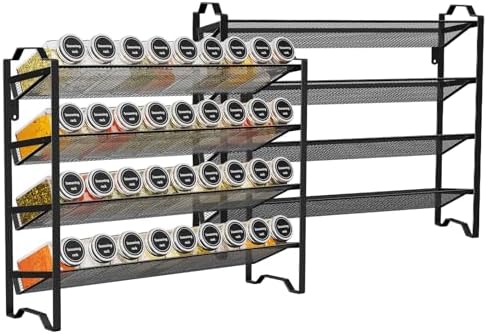 2 Pack 4 Tier Spice Rack Organizer, Stackable Kitchen Counter Shelves, for Cabinet, Countertop, Pantry, Door or Wall Mount, Metal Mesh, Jars not Included, Black