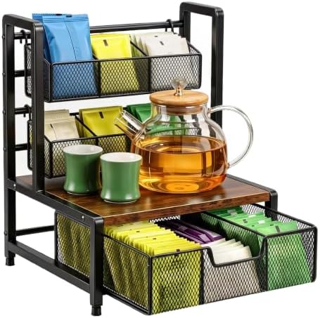 Tea Bag Organizer 3 Tier Wood Tea Organizers and Storage Drawer