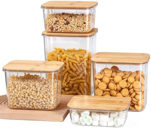 Five grain and miscellaneous grain food sealed jar, coffee bean storage jar, square transparent bamboo lid molded material storage jar, storage container (Set of 5)