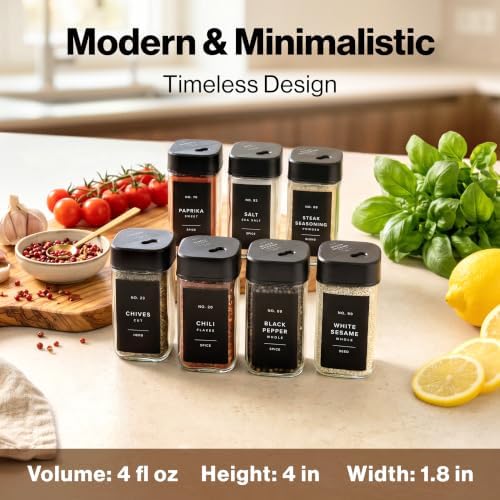 Glass Square Spice Jars with Label, 24x Black Sprinkle Lids