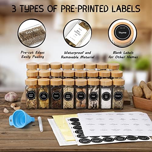 36 Pcs Glass Spice Jars with Bamboo Lids, 4 oz Glass Jars with Minimalist Farmhouse Spice Labels Stickers, Collapsible Funnel, Seasoning Storage Bottles for Spice Rack, Cabinet, Drawer