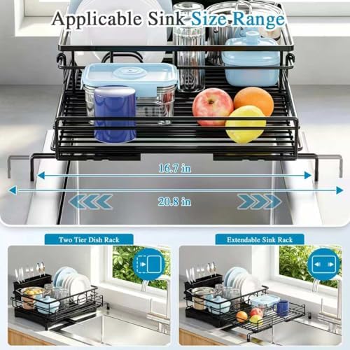 2 Tier Dish Drying Rack, Large Extendable Dish Racks for Kitchen Counter, Dishrack with Drainboard, 2-in-1 Anti-Rust Stainless Steel Dish Drainer with Utensil Holder (Black, double of Dish Rack)
