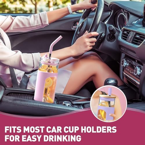 24oz Glass Tumbler with 2 Lids and Straws, Glass Cup With Bamboo Lid and On-the-go Lid, Reusable Iced Coffee Cup, Ideal for Smoothie, Cold Drinks, Fit Cup Holder, BPA Free (1, Pink)
