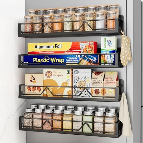 16.9 Inch Large Capacity Magnetic Spice Rack for Refrigerator Black, 4 Pack