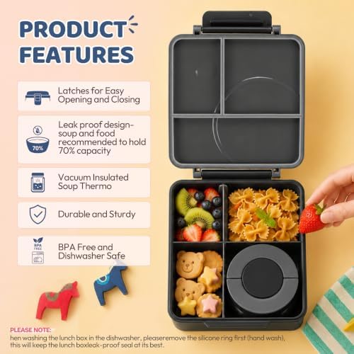 Bento Lunch Box for Kids with 8oz Soup Thermo&Lunch Bag, Leak-Proof Lunch Food Containers with 4 Compartment, Hot Food Insulated Food Jar for Kids School (Black)