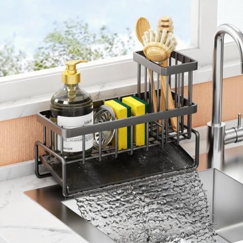 Stainless Steel Sink Caddy Sponge Holder for Kitchen Sink, Countertop Organization Storage with Movable High Brush Holder, Soap Dispenser Set Tray Counter Storage Rack, Home Decor Accessories