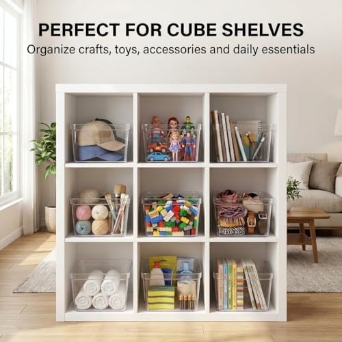 4-Pack 10x10x6 Clear Plastic Cube Storage Bins with Handles
