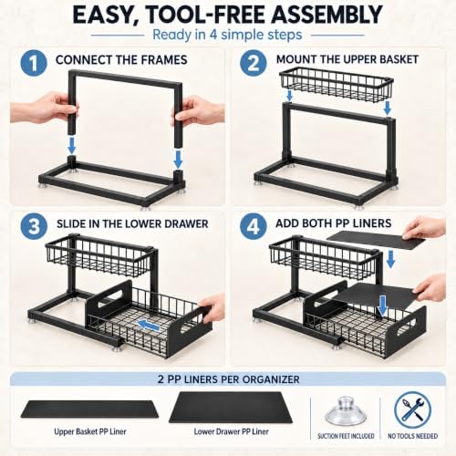 Under Sink Organizer, 2-Tier Pull-Out Metal Drawer, 2 Pack