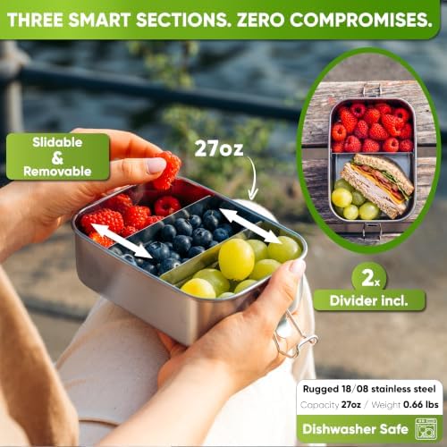 Stainless Steel Lunch Box I 27oz I with free sealing I Bento Box 3 Compartments, Leak-Proof Food Containers, Metal Lunchbox for Travel & Work, Eco-Friendly Meal Storage Solution
