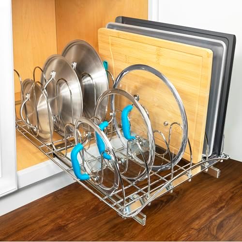 Pull Out Pot and Pan Lid Organizer Inside Cabinet - Lifetime Ltd. Warranty – Cookie Sheet Organizer for Cabinet – Slide Out Baking Sheet Organizer - 14W x 21D, Extra-Large, Chrome