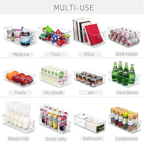 8 PACK Stackable Pantry Organizer Bins (3 Size) - Clear Fridge Organizer for Kitchen, Freezer, Refrigerator, Cabinet - Plastic Storage Container with Handle for Home
