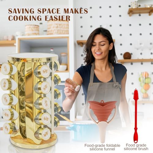 360-Rotating Kitchen countertop Stainless Steel Spice Rack, Apricot Leaf Appearance Pattern, Equipped with 20 Food Grade Glass cans (Gold + White, Five Floors of 20 Spice cans)