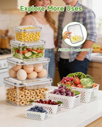 4 Pack Fruit Storage Containers for Fridge Fresh Berry Keeper with Colander